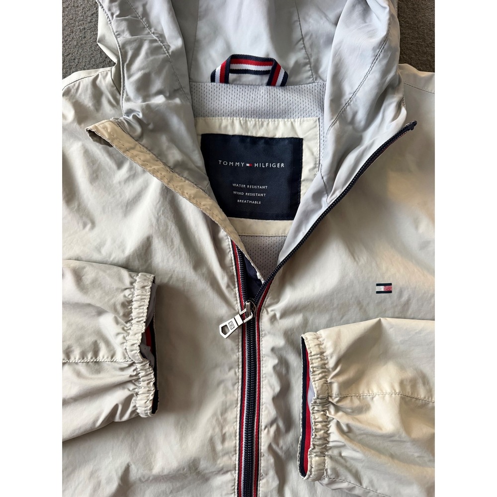 Tommy Hilfiger Mens Windbreaker Jacket Beige Water Resistant Hooded Sz L